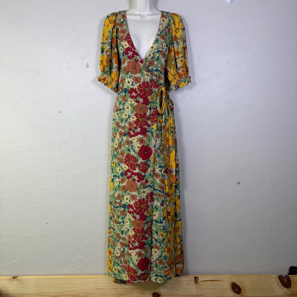 Natural Life Floral Wrap Maxi Dress Womens Medium Puff Sleeve Boho Fall Cottage